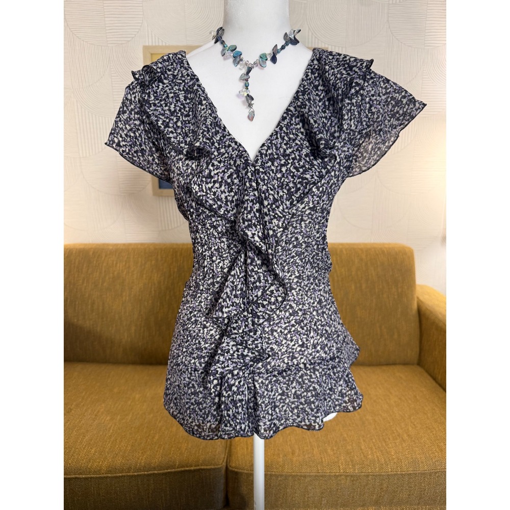 Bethany Purple vintage Abstract Floral Ruffle V-Neck Flutter Sleeve Blouse XL